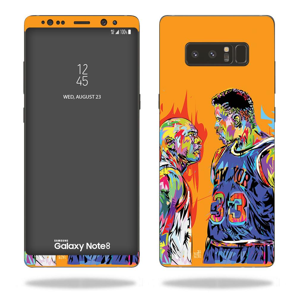 MightySkins for Samsung Galaxy Note 8 showcasing three finishes: Matte, Carbon Fiber, and Glossy Glitter, highlighting their sleek design and protective features.